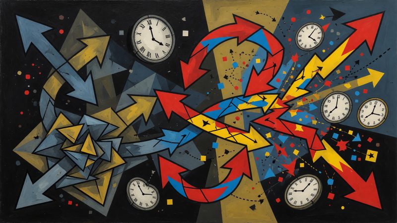 A Picasso-style abstract painting featuring fragmented, angular arrows looping from a low-energy dormant state into a vibrant, activated one, surrounded by styl