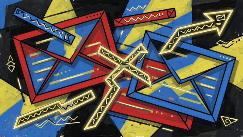 A Picasso-style abstract hero image featuring fragmented, cubist interpretations of email inboxes with glowing, geometric subject lines and preheaders intersect