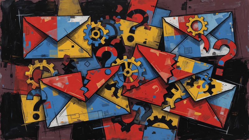 A cubist composition of envelopes merging with gears, question marks, and vibrant color blocks, symbolizing AI-driven interactive email content.