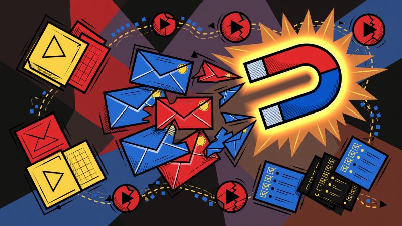A Picasso-style abstract painting of fragmented email envelopes transforming into a glowing magnet, surrounded by geometric symbols of eBooks, checklists, and p