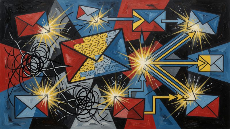 A Picasso-style abstract hero image with fragmented geometric shapes representing email icons, tangled lines turning into structured pathways, and bursts of lig