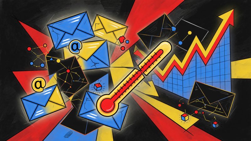 Abstract AI-powered email lead scoring concept: a Picasso-style cubist face half composed of glowing email icons, data nodes, and a temperature gauge morphing i
