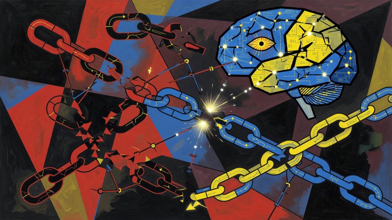 An abstract painting in the style of Picasso depicting interconnected broken links transforming into glowing, repaired chains under the watchful eye of a digita