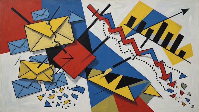 A Picasso-style abstract painting depicting fragmented email icons and decay curves in bold geometric shapes, symbolizing the disintegration of subscriber engag