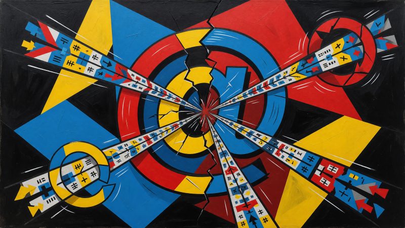 An abstract Picasso-style painting shows a vibrant, fragmented email symbol intertwined with colorful geometric data streams, symbolizing the dynamic fusion of 