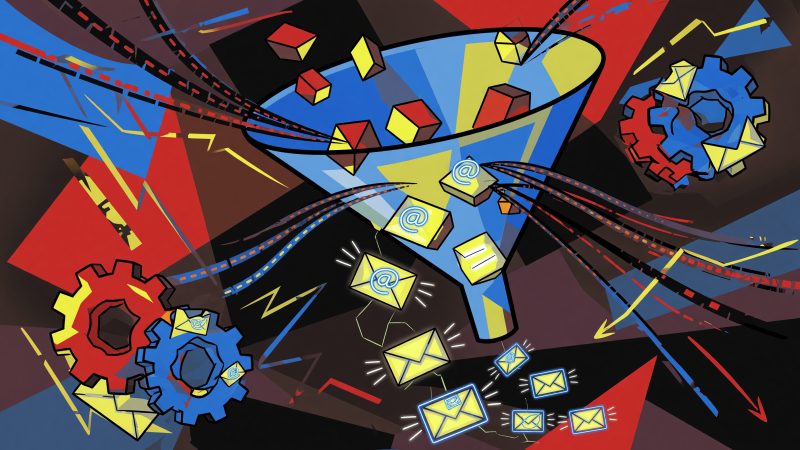 An abstract Picasso-style painting depicting a digital funnel with vibrant, geometric shapes representing visitors being transformed into glowing email icons, s