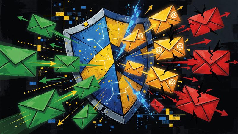 An abstract Picasso-style painting of a digital shield filtering glowing email symbols, with some symbols turning green and passing through while others turn re