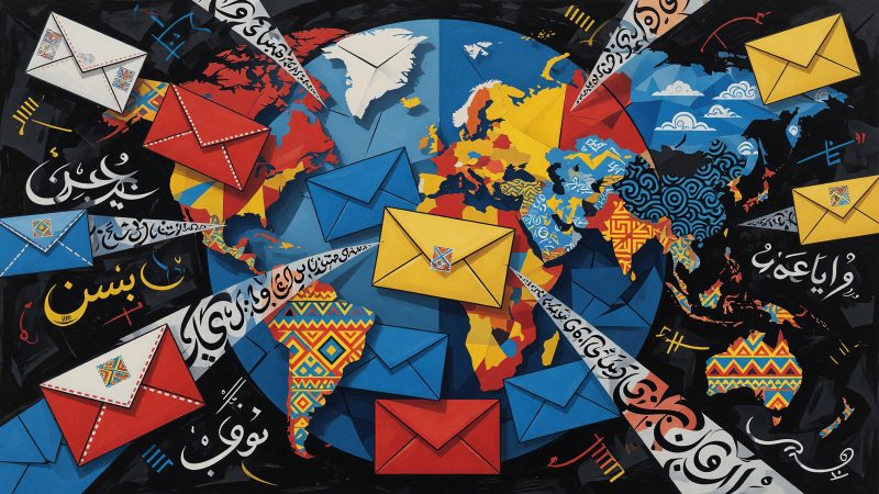 A Picasso-style abstract painting depicting a globe composed of interlocking email envelopes, with flowing script in multiple languages and vibrant, culturally 