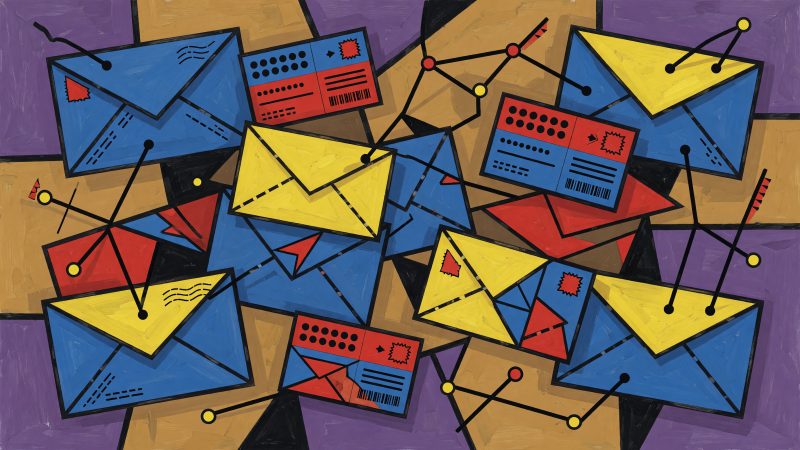 A Picasso-style abstract painting of interconnected envelopes and loyalty cards, embodying the fusion of art and AI in personalized email loyalty programs.