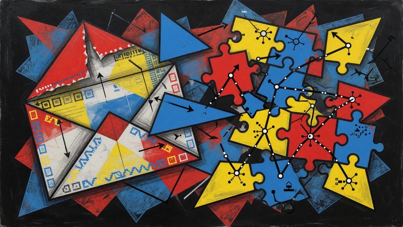 A Picasso-style abstract painting of a digital envelope transforming into a puzzle of interconnected data points, symbolizing the shift from open rates to AI-dr