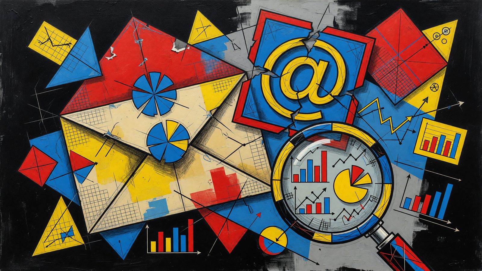 An abstract Picasso-style painting featuring a fragmented envelope and email symbol intersecting with colorful geometric shapes, charts, and a magnifying glass,