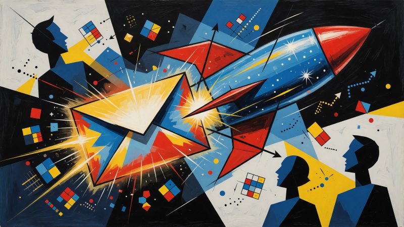 A Picasso-style abstract hero image of a glowing email envelope morphing into a rocket, surrounded by fragmented, colorful data points and stylized customer sil