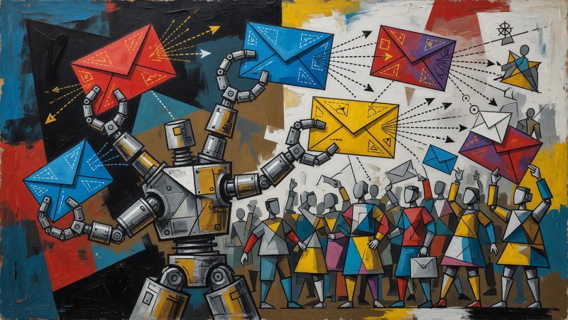 A Picasso-style abstract painting showing a robotic hand with multiple arms, each holding a differently colored email envelope, sending them to a diverse crowd 