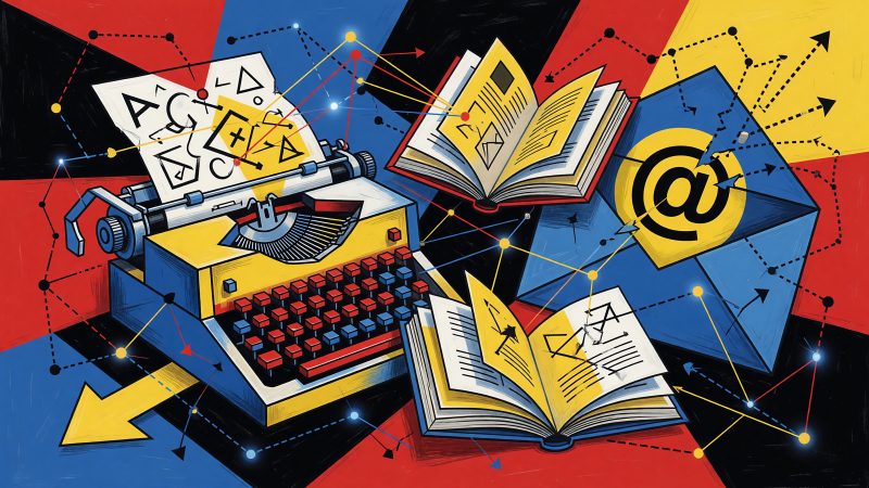 Abstract Picasso-style hero image showing a cubist typewriter, open book, and email symbol intertwined with neural network lines, conveying AI-powered email mar