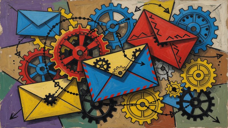 A Picasso-style abstract painting depicting interconnected gears and envelopes in vibrant colors, symbolizing the complex yet harmonious automation of B2B email
