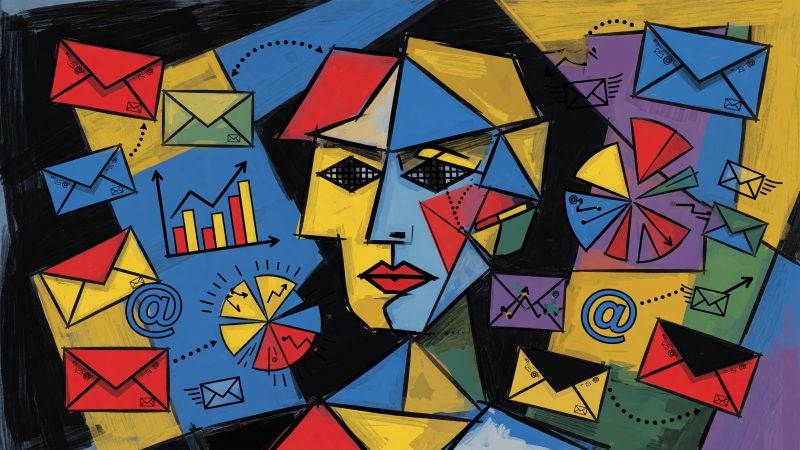 A Picasso-style abstract hero image depicting a blogger's face surrounded by floating envelopes, colorful charts, and email symbols, representing AI-driven emai
