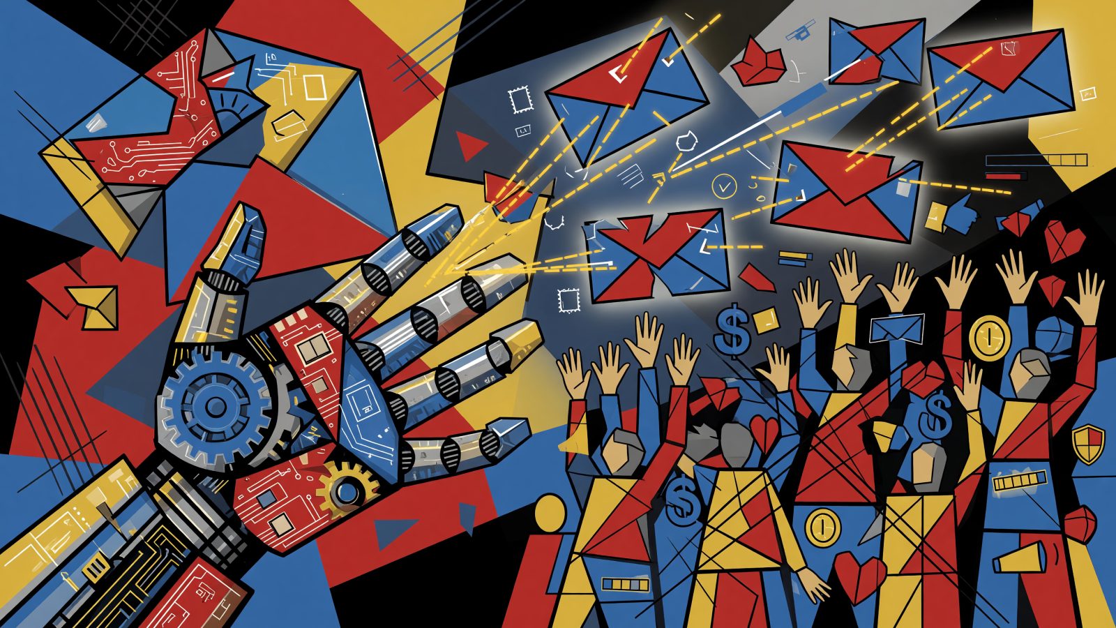 A Picasso-style abstract painting of a robotic hand composed of geometric circuits and gears, releasing glowing, fragmented envelopes toward a crowd of stylized