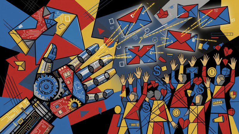A Picasso-style abstract painting of a robotic hand composed of geometric circuits and gears, releasing glowing, fragmented envelopes toward a crowd of stylized