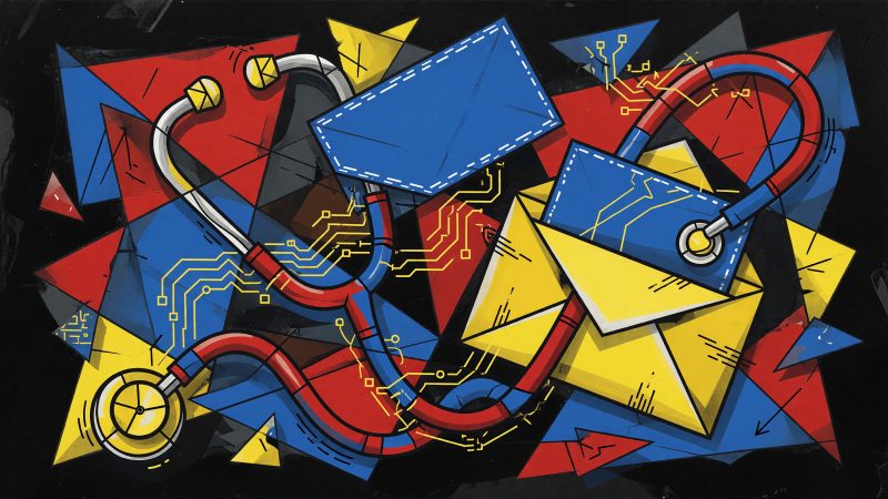 A Picasso-style abstract painting of a stethoscope and a digital envelope intertwined with glowing circuit patterns, symbolizing the fusion of compassionate hea