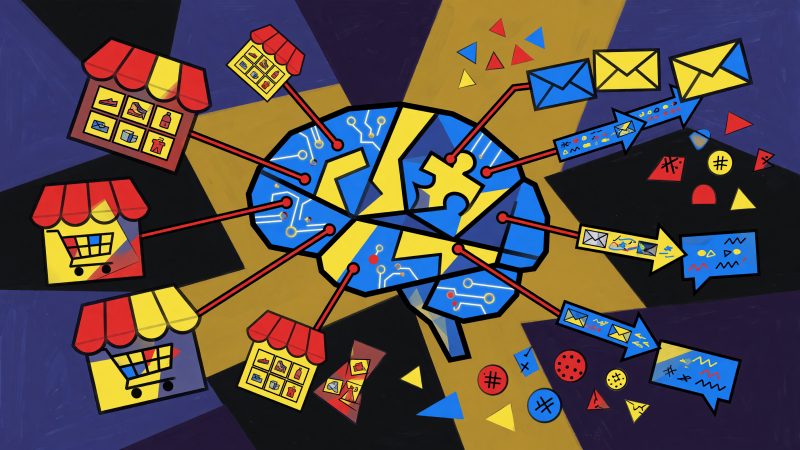 A Picasso-style abstract hero image depicting an AI brain connecting ecommerce platforms and email automation flows, with colorful geometric shapes representing