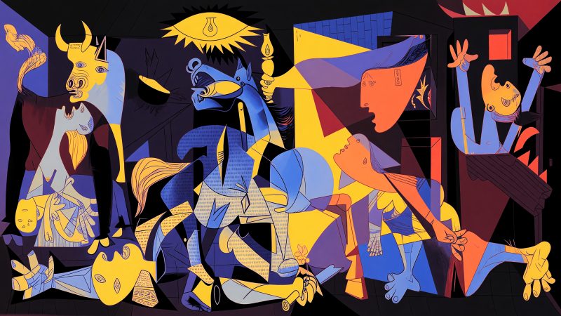 A Picasso-style abstract hero image depicting a vibrant, fragmented scene of interconnected people, tickets, and digital envelopes, symbolizing the dynamic fusi