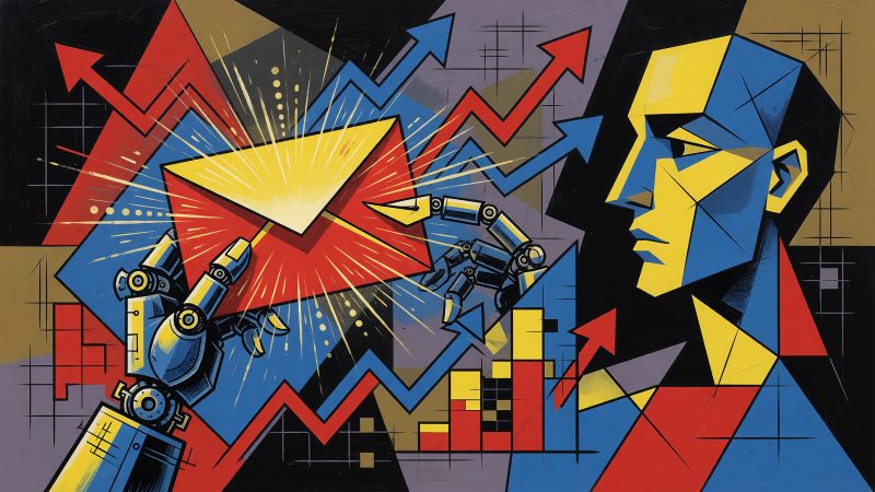 A Picasso-style abstract painting of a robotic hand holding a glowing envelope, intertwined with rising financial charts and a human profile, symbolizing the fu