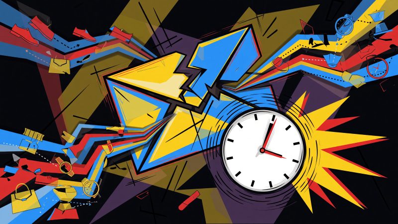 A Picasso-style abstract hero image showing a fractured email icon with a ticking clock, product silhouettes, and flowing data streams, symbolizing AI-driven ur