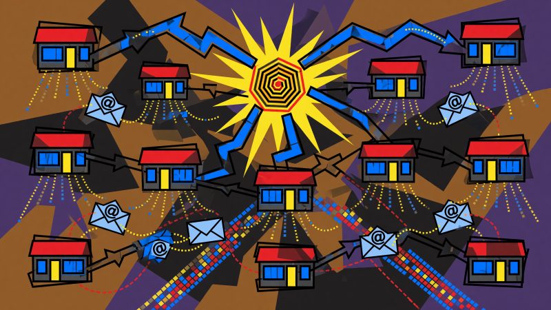 A Picasso-style abstract hero image depicting a network of interconnected franchise stores with flowing email symbols, dynamic data patterns, and a central bran