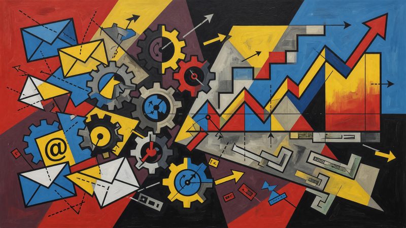 A Picasso-style abstract painting depicting a user's journey from a free trial to a paid subscription, with fragmented email symbols, AI gears, and conversion g