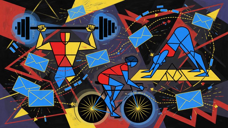 A Picasso-style abstract hero image depicting a vibrant, dynamic gym scene with fragmented figures lifting weights, doing yoga, and cycling, intertwined with gl