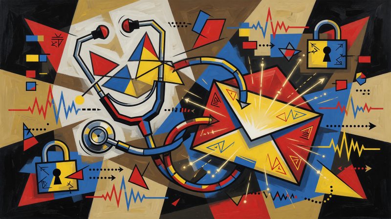 An abstract Picasso-style painting of a stethoscope intertwined with a glowing email envelope, surrounded by fragmented, colorful geometric shapes representing 