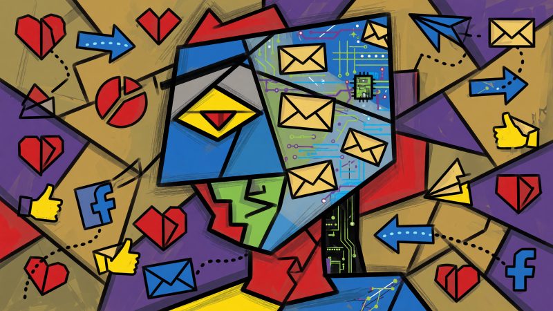 A Picasso-style abstract painting depicting a social media influencer's face composed of geometric shapes, with email icons and AI circuits blending into a vibr