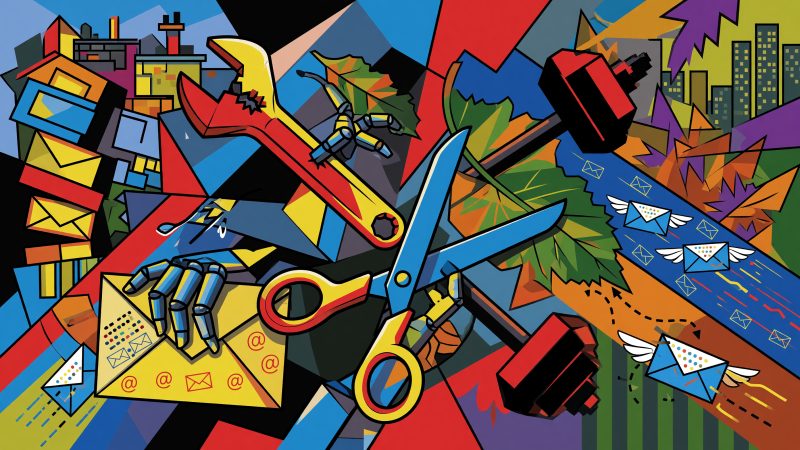 A Picasso-style abstract painting depicting a dynamic fusion of local service symbols—a wrench, scissors, leaf, and dumbbell—intertwined with digital email icon