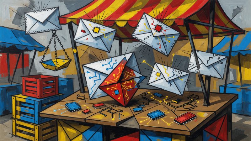 A Picasso-style abstract painting depicting a marketplace stall with floating envelopes and AI circuits, symbolizing the fusion of art and technology in email m