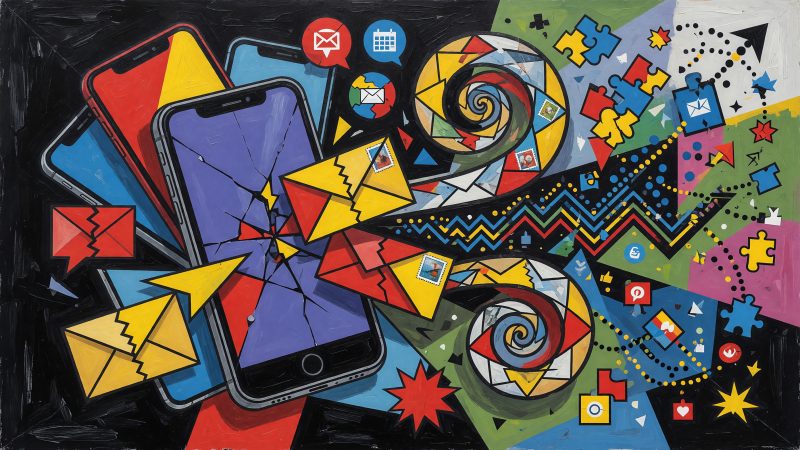 A Picasso-style abstract painting of a smartphone with swirling email icons and app symbols, merging into a vibrant digital landscape of interconnected user eng