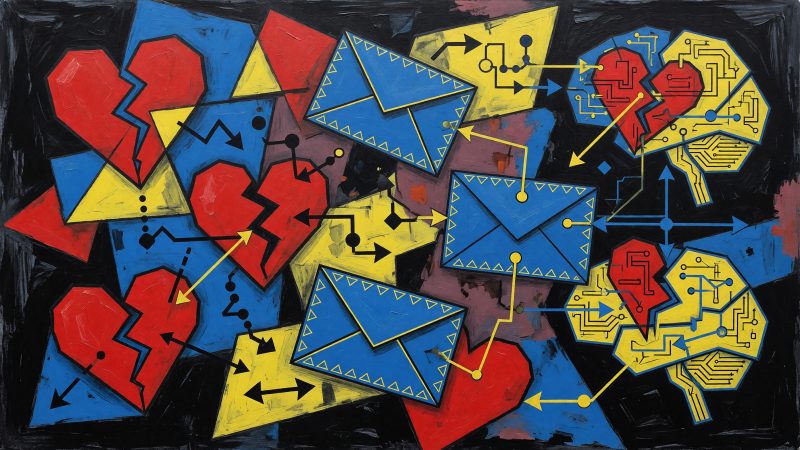 A Picasso-style abstract painting depicting interconnected geometric shapes of hearts, envelopes, and brain circuits, symbolizing the fusion of heartfelt nonpro