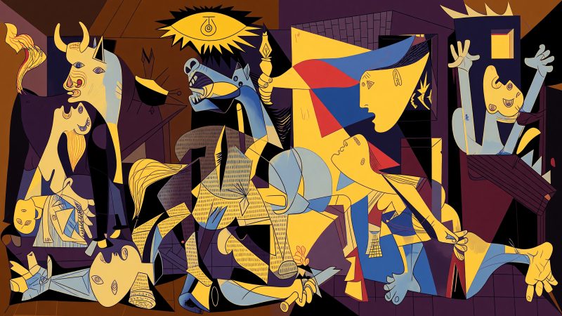 A Picasso-style abstract painting depicting a vibrant, interconnected web of learning paths, with stylized students receiving glowing email symbols that morph i