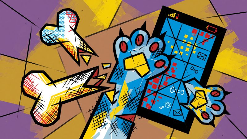 A vibrant, abstract Picasso-style illustration featuring fragmented geometric shapes of a dog’s bone, a cat’s paw, and a smartphone screen, rendered in bold pri