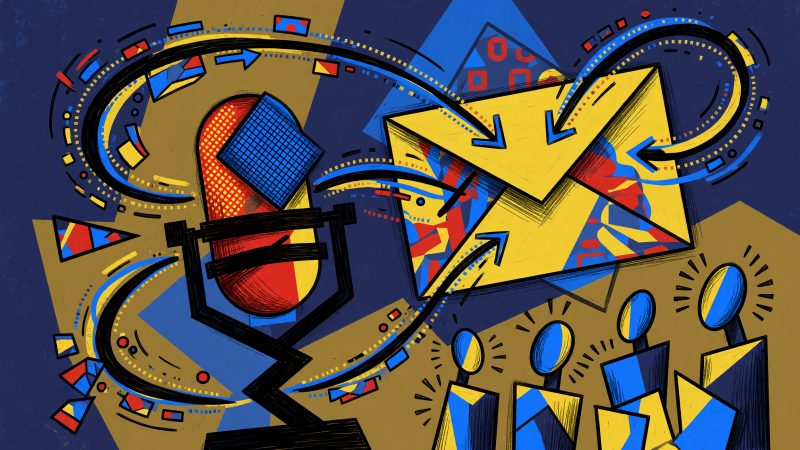 A Picasso-style abstract hero image showing a podcast microphone and email envelope merging with swirling data streams and listener figures, representing AI-pow