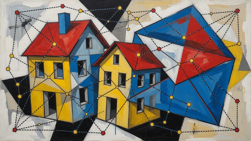 Abstract Picasso-style painting of a house and email envelope intertwined with neural network lines, symbolizing AI-driven real estate marketing automation.