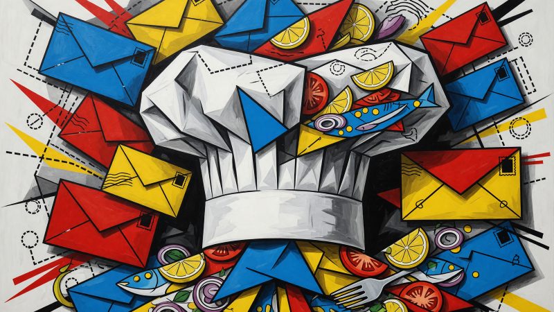 Abstract Picasso-style painting of a chef's hat morphing into email envelopes and colorful food elements, symbolizing the fusion of culinary art and AI-driven e