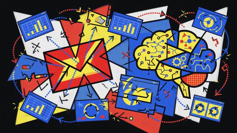 A Picasso-style abstract hero image depicting a futuristic, interconnected network of emails, SaaS dashboards, and AI brains, symbolizing automated customer lif