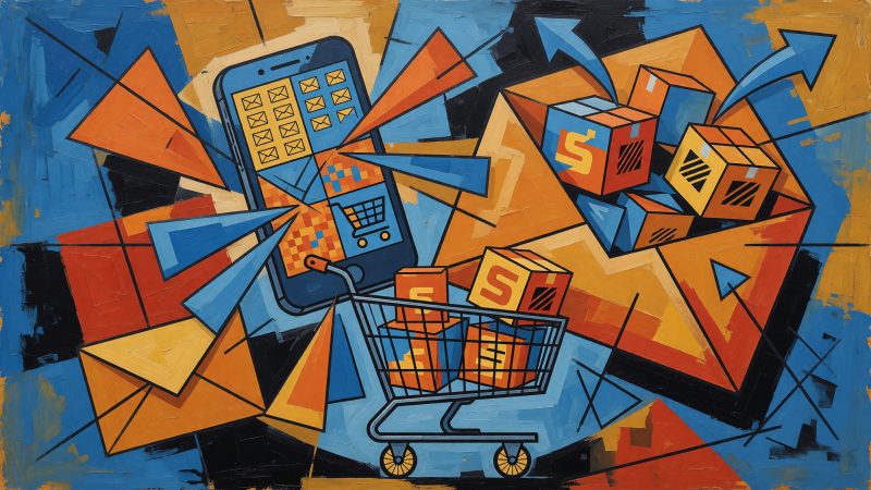 An abstract Picasso-style painting of a smartphone and email envelope merging with a shopping cart and product boxes in vibrant blue, orange, and geometric shap