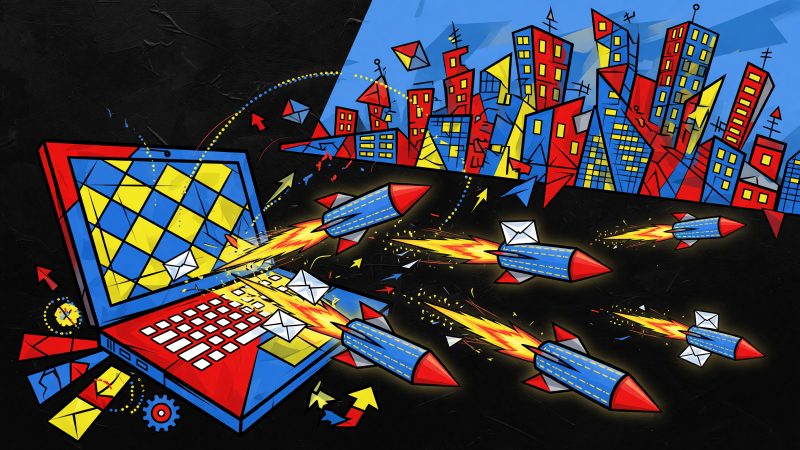 An abstract cubist painting of a small business owner launching glowing email rockets from a laptop into a vibrant city skyline, symbolizing AI-powered growth.