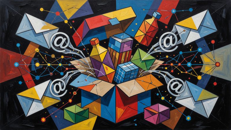 A Picasso-style abstract hero image depicting a vibrant, fragmented composition of a subscription box bursting with colorful, geometric products, intertwined wi