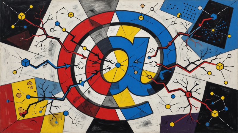 Abstract Picasso-style painting of a fragmented email symbol intertwined with data nodes and neural pathways, representing AI-powered email marketing in a cooki