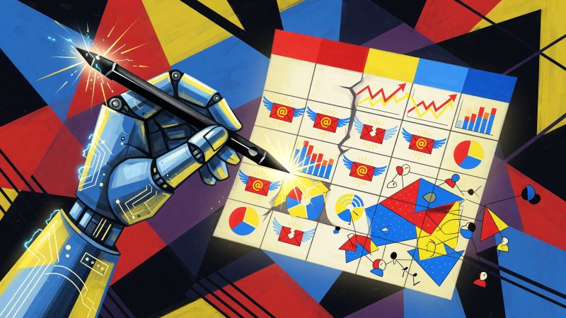 A Picasso-style abstract hero image depicting a futuristic robot hand sketching a luminous quarterly calendar filled with colorful email icons, intertwining dat
