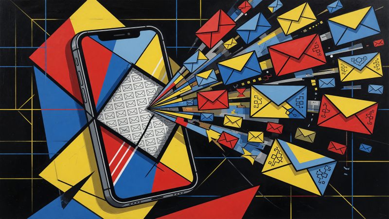 An abstract Picasso-style painting of a smartphone emitting colorful email icons, symbolizing the fusion of AI and mobile email optimization.