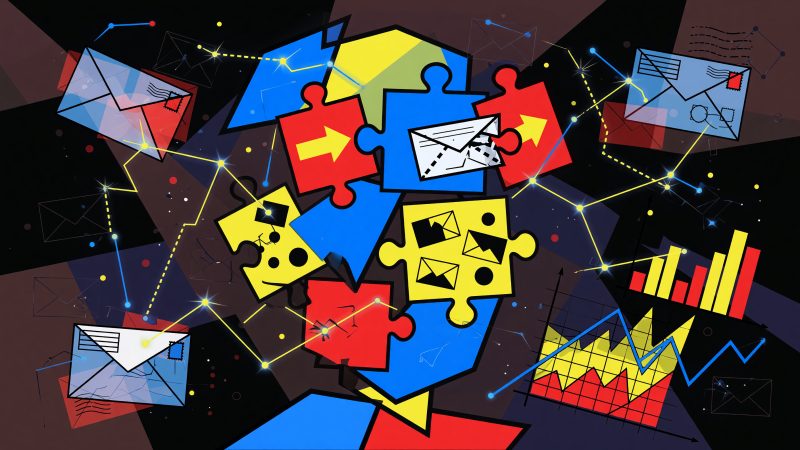 A Picasso-style abstract painting of a marketer's mind expanded by colorful, interlocking puzzle pieces representing email elements like subject lines, CTAs, an