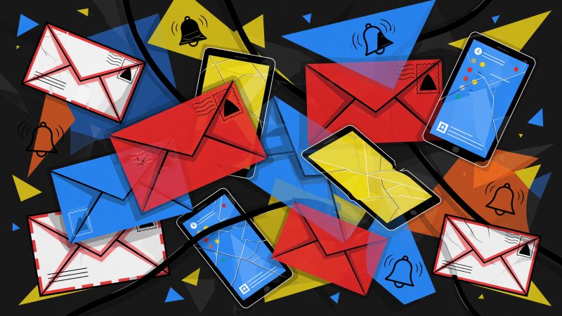 A Picasso-style abstract painting with fragmented email envelopes, smartphone screens, and notification bells overlapping in bold, vivid colors, symbolizing the